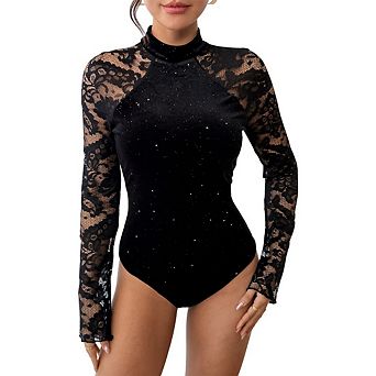 Womens Long Sleeve Body Suits Tummy Control Sheer Top Turtleneck Lace Shapewear Bodysuit