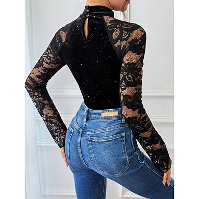 Womens Long Sleeve Body Suits Tummy Control Sheer Top Turtleneck Lace Shapewear Bodysuit