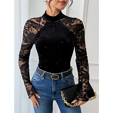 Womens Long Sleeve Body Suits Tummy Control Sheer Top Turtleneck Lace Shapewear Bodysuit