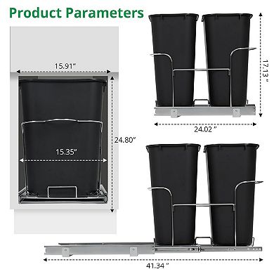 Double Pullout Trash Can for Kitchen Cabinets, 2 x 25 Qt Garbage Recycling Bin