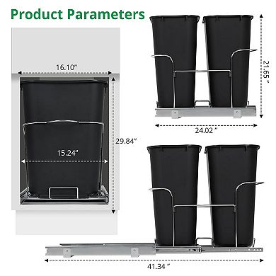 2x35 QT Double Bin Pullout Trash Can for Under Kitchen Cabinet, Space-Saving Garbage Recycling Bin