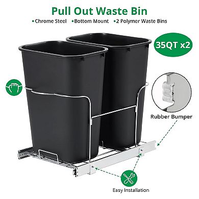 2x35 QT Double Bin Pullout Trash Can for Under Kitchen Cabinet, Space-Saving Garbage Recycling Bin