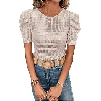 Women's Puff Short Sleeve Sweater Tops Trendy Knit Crew Neck Casual T Shirts Blouses