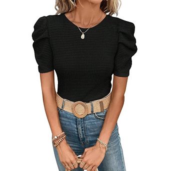Women's Puff Short Sleeve Sweater Tops Trendy Knit Crew Neck Casual T Shirts Blouses