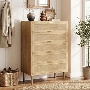Tall 5-Drawer Rattan Dresser Slim Farmhouse Chest with Wood Frame, Space-Saving Oak Storage