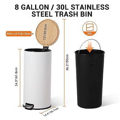 30 Liter/8 Gallon Round Slim Step Trash Can, Stainless Steel Garbage Can with Bamboo Lid