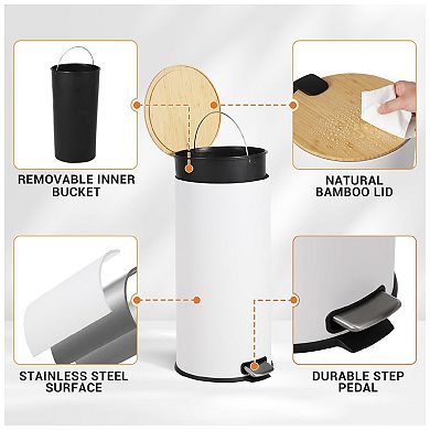 30 Liter/8 Gallon Round Slim Step Trash Can, Stainless Steel Garbage Can with Bamboo Lid
