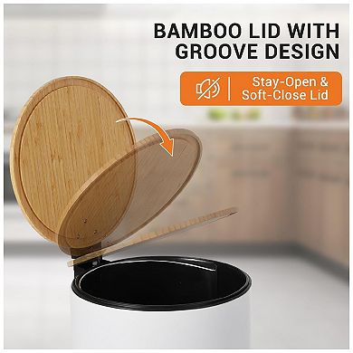 30 Liter/8 Gallon Round Slim Step Trash Can, Stainless Steel Garbage Can with Bamboo Lid