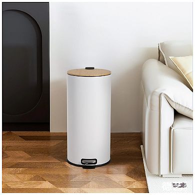 30 Liter/8 Gallon Round Slim Step Trash Can, Stainless Steel Garbage Can with Bamboo Lid