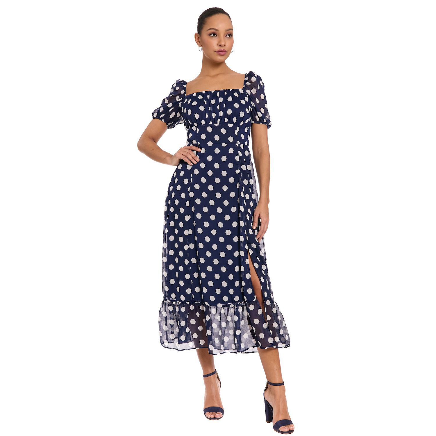Женские платья London Times Puffed Sleeve Ruched Empire Smocked Back Midi Dress