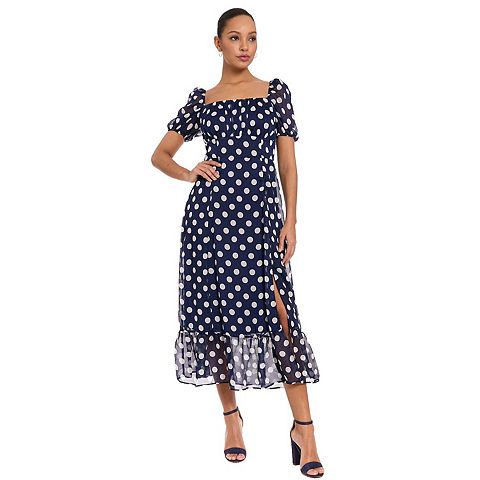 Женские платья London Women's London Times Puffed Sleeve Ruched Empire Smocked Back Midi Dress