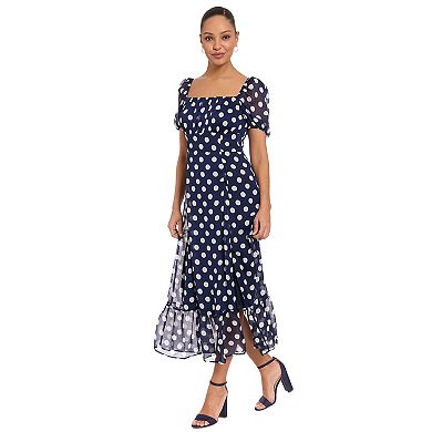 Women's London Times Puffed Sleeve Ruched Empire Smocked Back Midi Dress