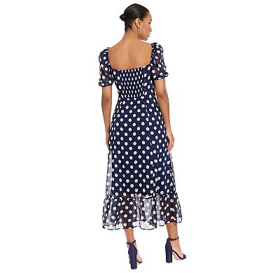Women's London Times Puffed Sleeve Ruched Empire Smocked Back Midi Dress