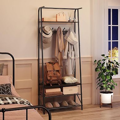 Coat Rack Shoe Bench with 5 Hooks, Hall Trees Entryway Bench with Storage