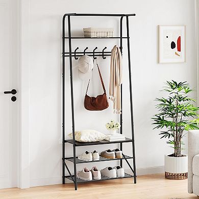 Coat Rack Shoe Bench with 5 Hooks, Hall Trees Entryway Bench with Storage