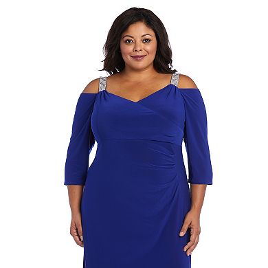 Plus Size R&M Richards Off The Shoulder Dress with Slit & Rhinestone Detail Straps