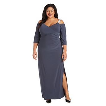 Plus Size R&M Richards Off The Shoulder Dress with Slit & Rhinestone Detail Straps