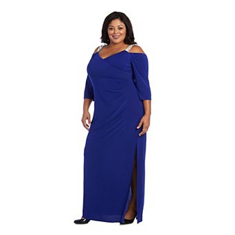 Plus Size R&M Richards Off The Shoulder Dress with Slit & Rhinestone Detail Straps
