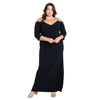 Plus Size R&M Richards Off The Shoulder Dress with Slit & Rhinestone Detail Straps