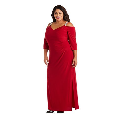 Женские платья R&M Plus Size R&M Richards Off The Shoulder Dress with Slit & Rhinestone Detail Straps