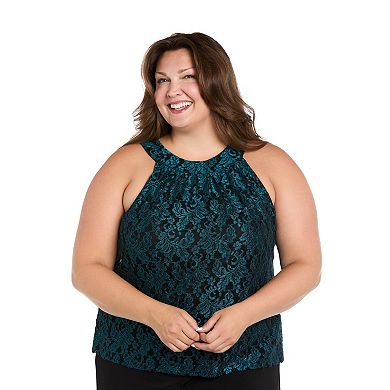 Plus Size R&M Richards Mock Glitter Lace Halter Top Jumpsuit