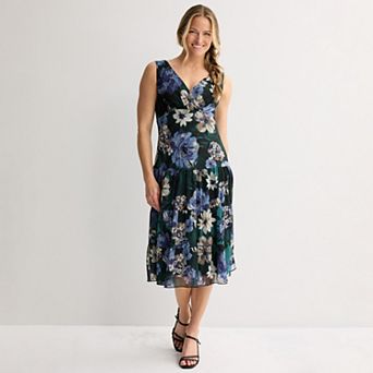 Women's Connected Apparel Printed Yoryu Chiffon Surplice Top Tiered Skirt Dress