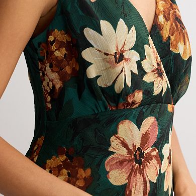 Women's Connected Apparel Printed Chiffon Surplice Top with Asymmetrical Hem