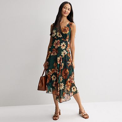 Women's Connected Apparel Printed Chiffon Surplice Top with Asymmetrical Hem