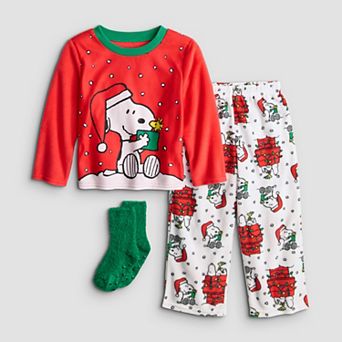 Toddler Peanuts Snoopy and Woodstock Christmas 3 pc Pajama Top & Pajama Bottoms Set with Socks
