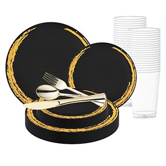 Black with Gold Moonlight Round Plastic Wedding Set - 30 Sets