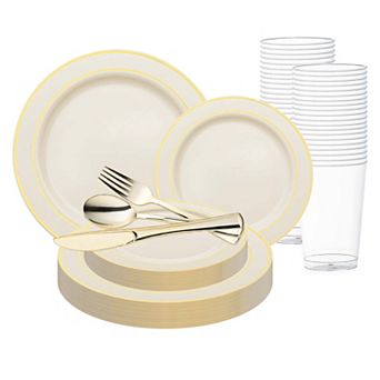 Ivory w/ Gold Edge Rim Plastic Wedding Set - 30 Sets
