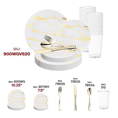 White with Gold Marble Stroke Round Plastic Wedding Set - 30 Sets
