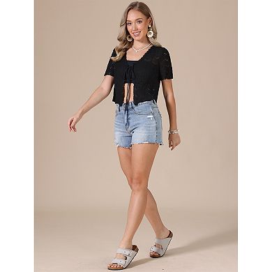 Crochet Cardigan for Women's Summer Tie Front Hollow Out Short Sleeve Crop Shrug