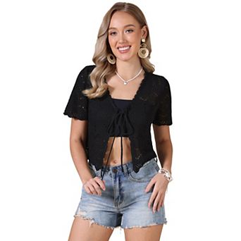 Crochet Cardigan for Women's Summer Tie Front Hollow Out Short Sleeve Crop Shrug
