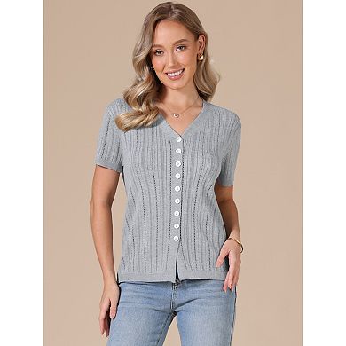 Eyelet Tops for Women's Summer V Neck Short Sleeve Knit Button Down Shirts