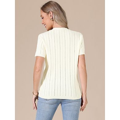 Eyelet Tops for Women's Summer V Neck Short Sleeve Knit Button Down Shirts