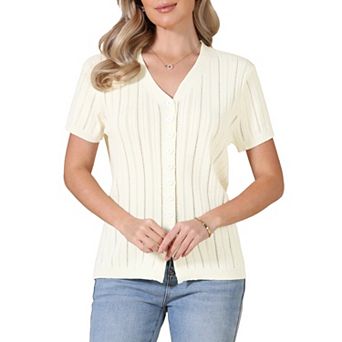 Eyelet Tops for Women's Summer V Neck Short Sleeve Knit Button Down Shirts