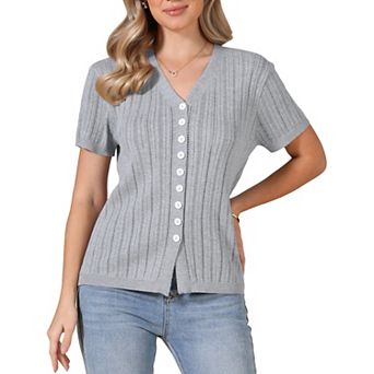 Eyelet Tops for Women's Summer V Neck Short Sleeve Knit Button Down Shirts