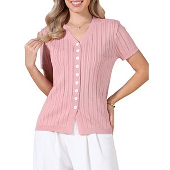 Eyelet Tops for Women's Summer V Neck Short Sleeve Knit Button Down Shirts
