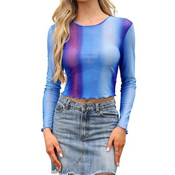 Mesh Top for Women Long Sleeve Crew Neck Tie Dye Sheer Cropped Tops Party t Shirt