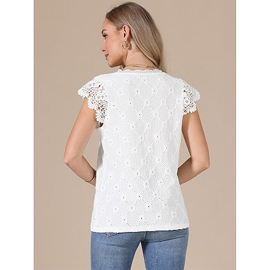Lace Tank Top for Women's Hollow-Out Summer Cap Sleeve V Neck Top