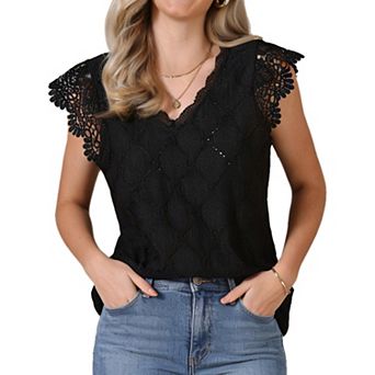 Lace Tank Top for Women's Hollow-Out Summer Cap Sleeve V Neck Top