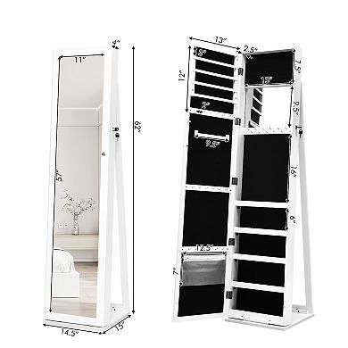 Standing Lockable Jewelry Cabinet with Full Length Mirror White