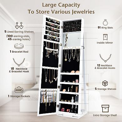 Standing Lockable Jewelry Cabinet with Full Length Mirror White
