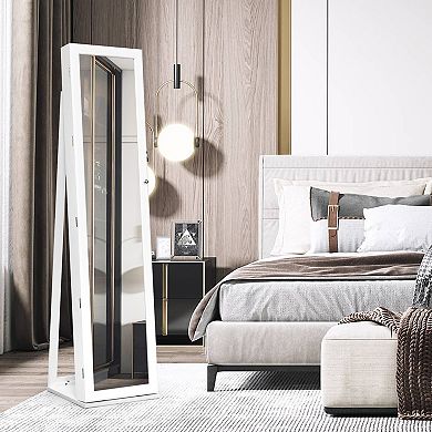 Standing Lockable Jewelry Cabinet with Full Length Mirror White