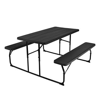 Black Folding Picnic Table Bench Set with Wood-Like Surface