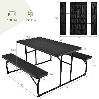 Black Folding Picnic Table Bench Set with Wood-Like Surface