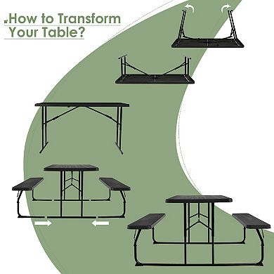 Black Folding Picnic Table Bench Set with Wood-Like Surface