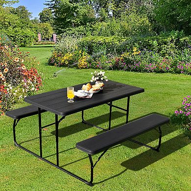 Black Folding Picnic Table Bench Set with Wood-Like Surface