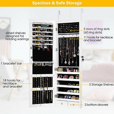 Wall-Mounted Lockable Jewelry Cabinet with LED Light and Mirror
